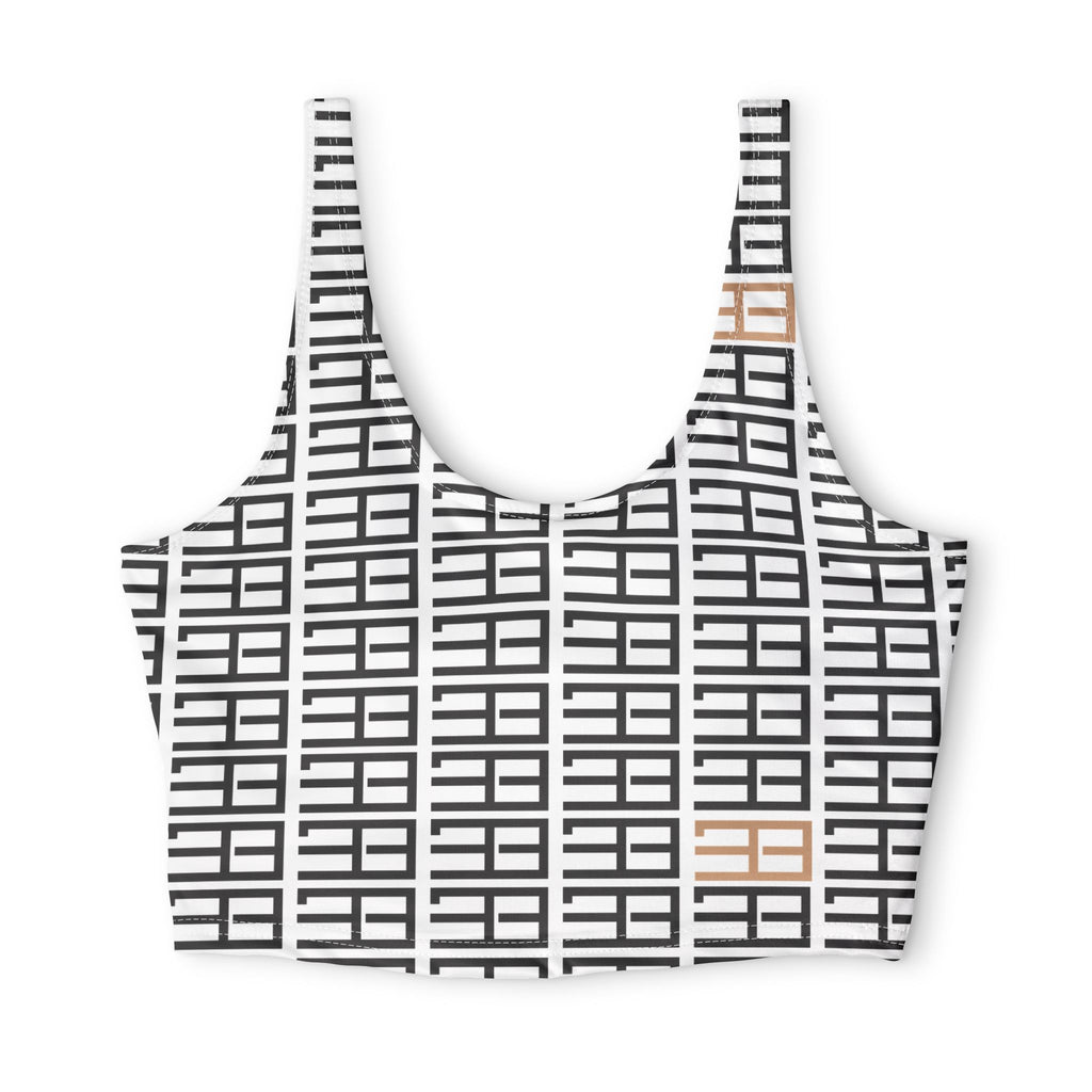 Black Neutral Grid Pattern Sports Bra — Minimal Beige Check Athletic Top