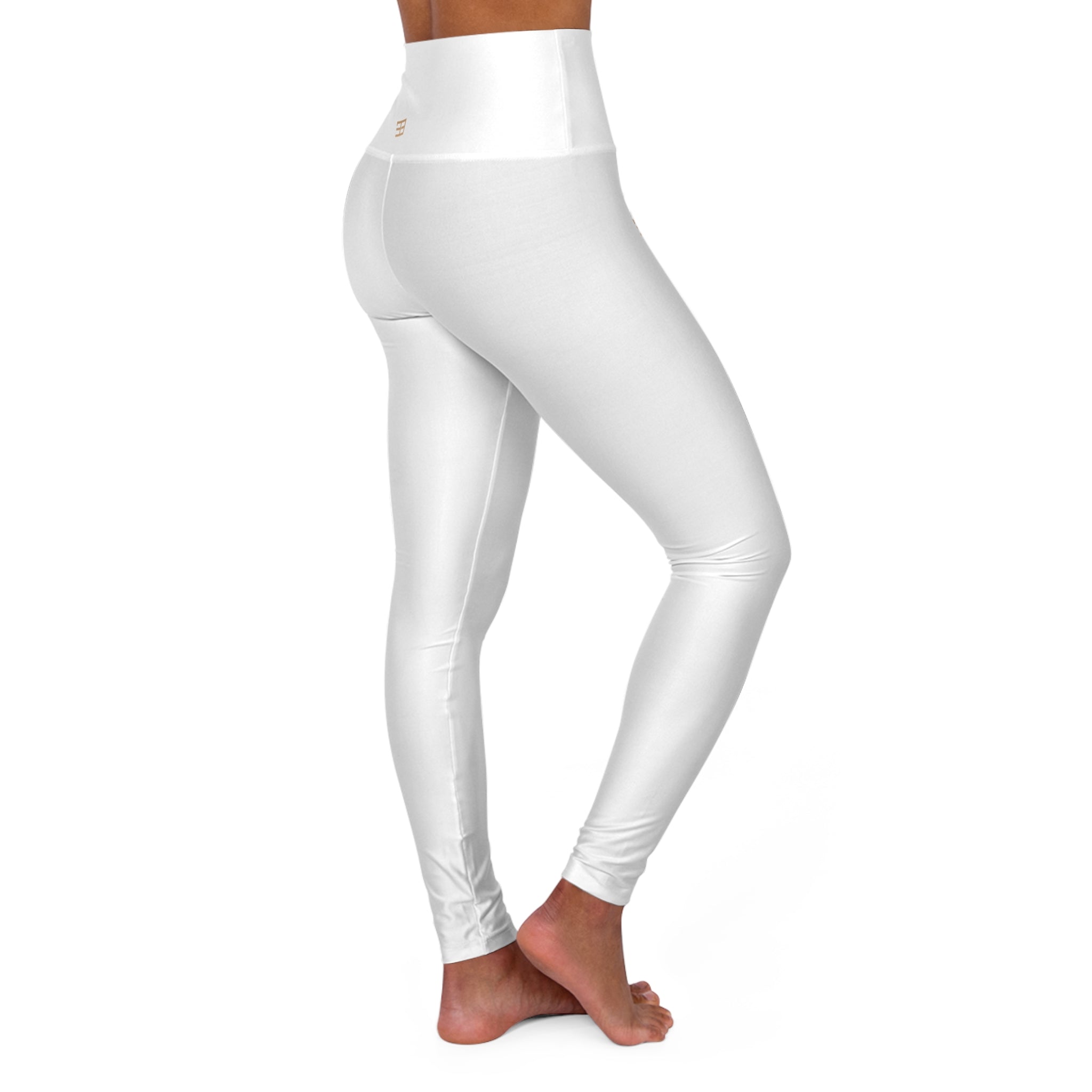 High-Waisted Yoga Leggings – Minimal White AOP with Side Script