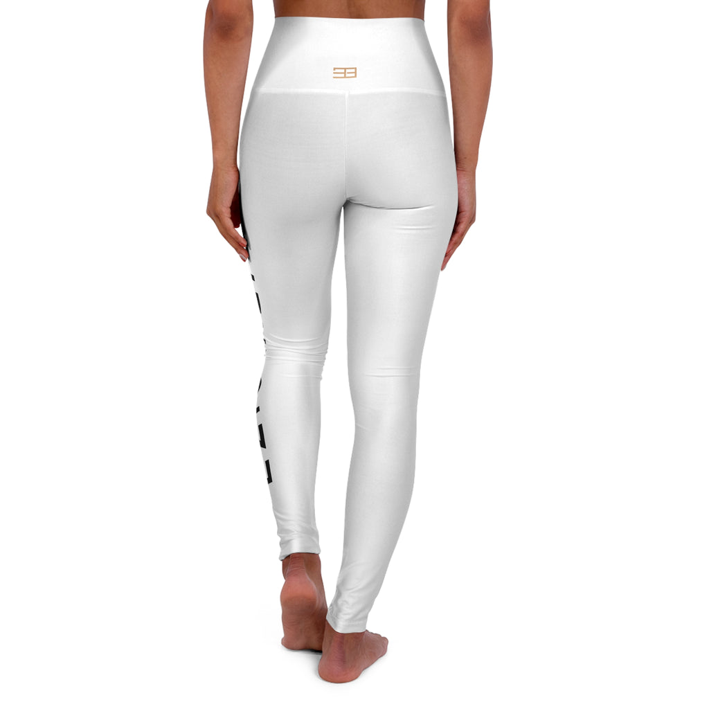 High-Waisted Yoga Leggings – Minimal White AOP with Side Script
