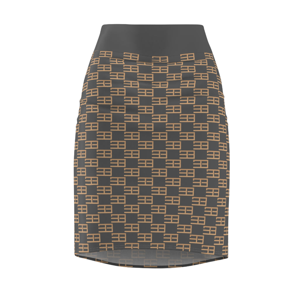 Geometric Checker Pencil Skirt — Neutral Tan & Charcoal All-Over Print