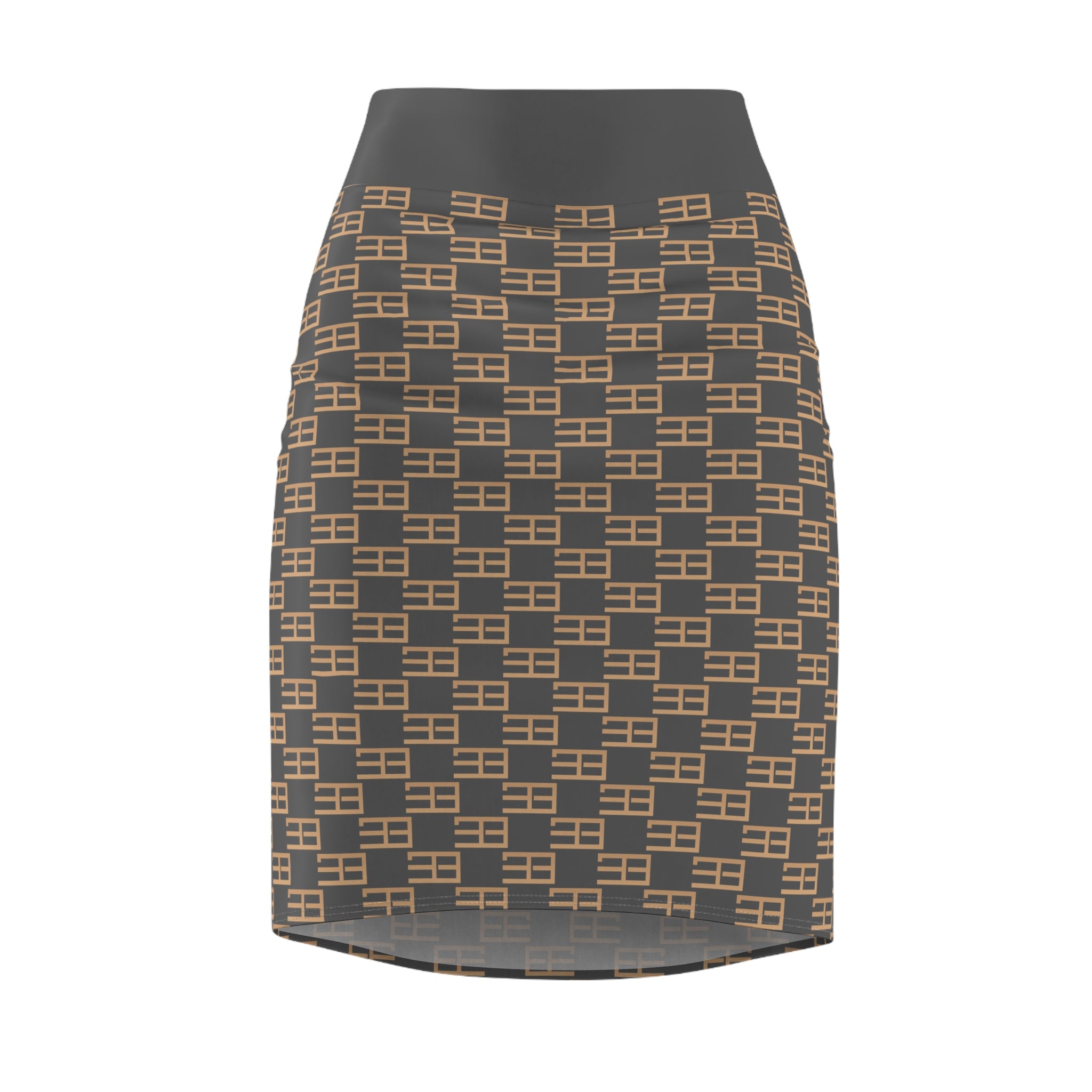 Geometric Checker Pencil Skirt — Neutral Tan & Charcoal All-Over Print
