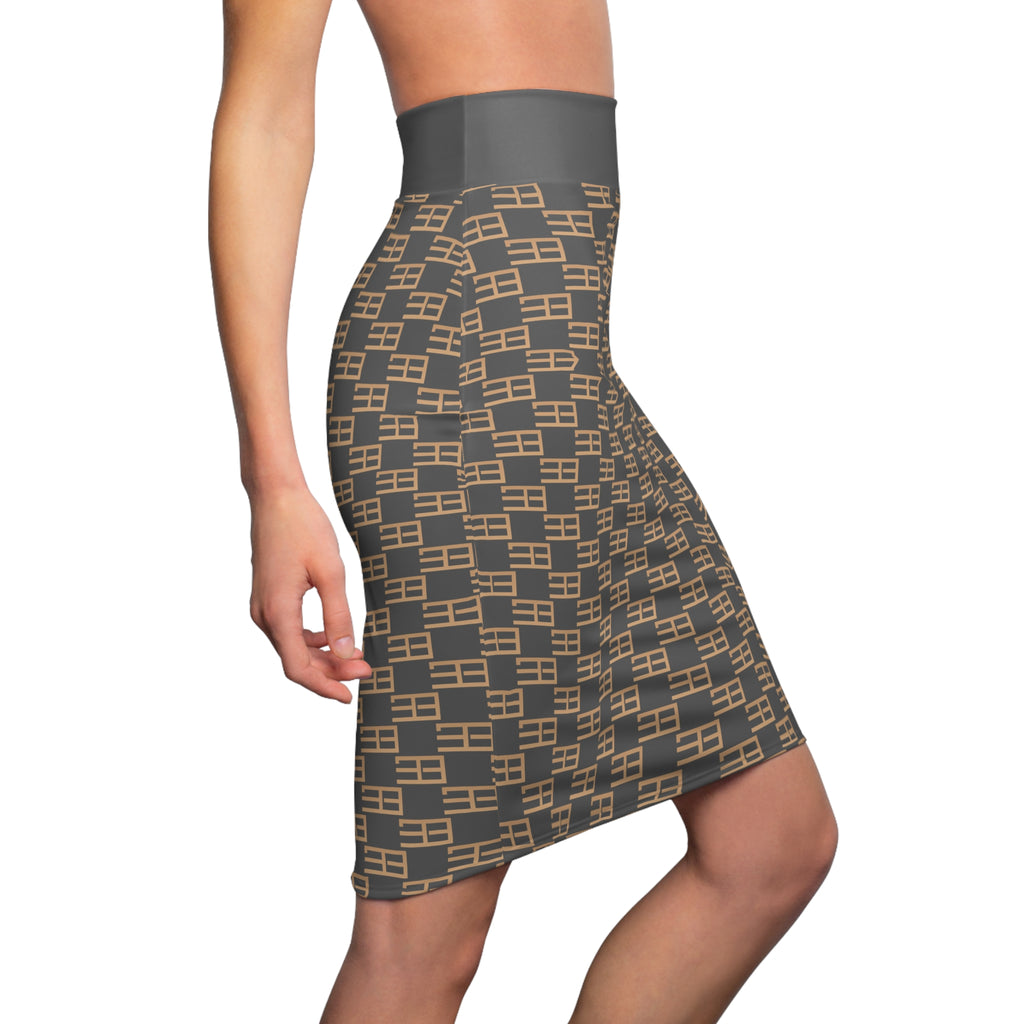 Geometric Checker Pencil Skirt — Neutral Tan & Charcoal All-Over Print