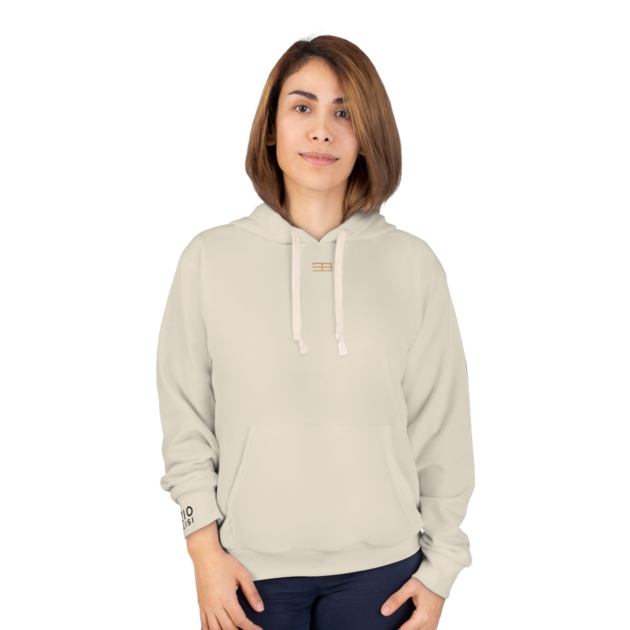 Minimal Logo Hoodie — Neutral Cream Pullover with Small Chest & Sleeve Branding
