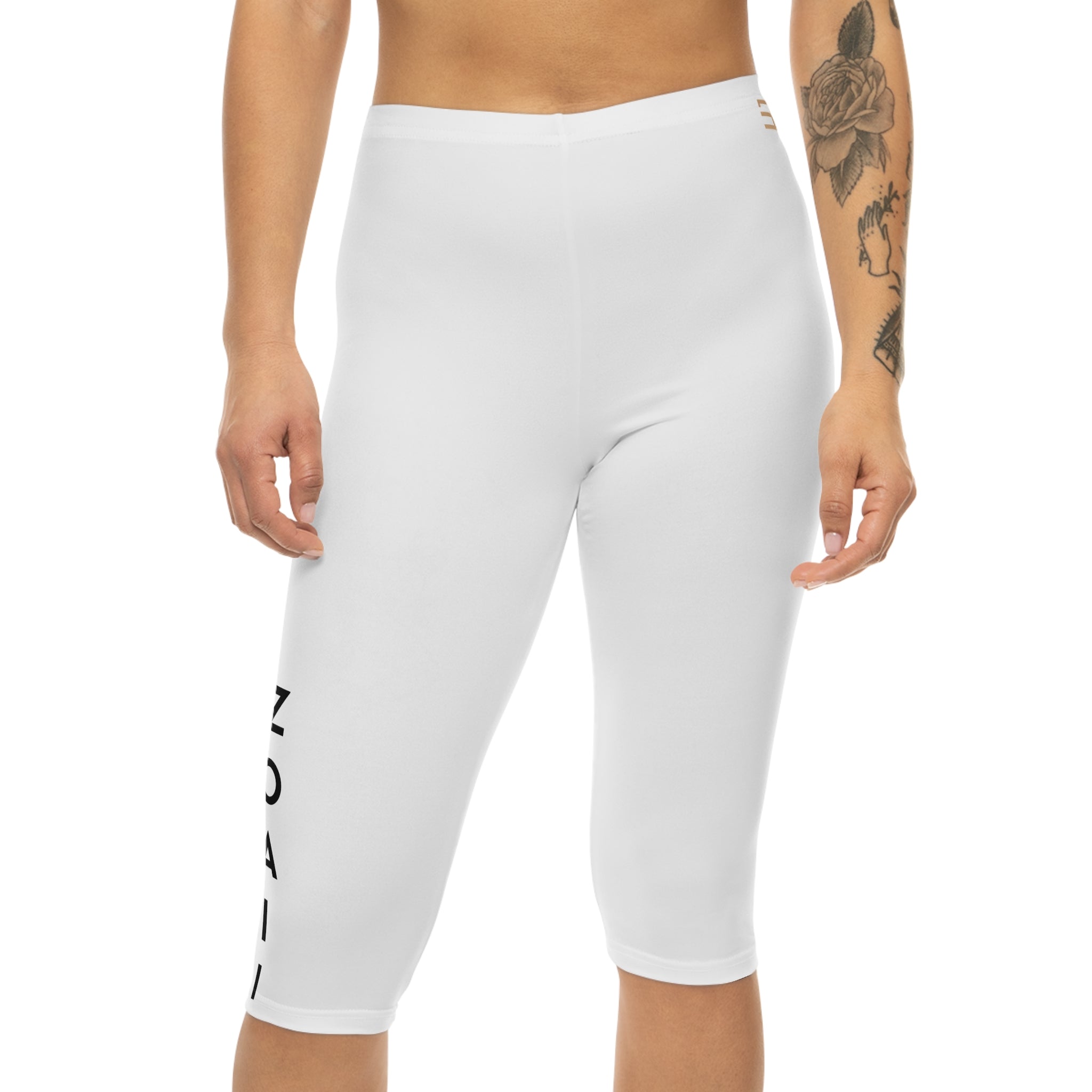 Capri Leggings — Minimal White AOP with Vertical Black Lettering