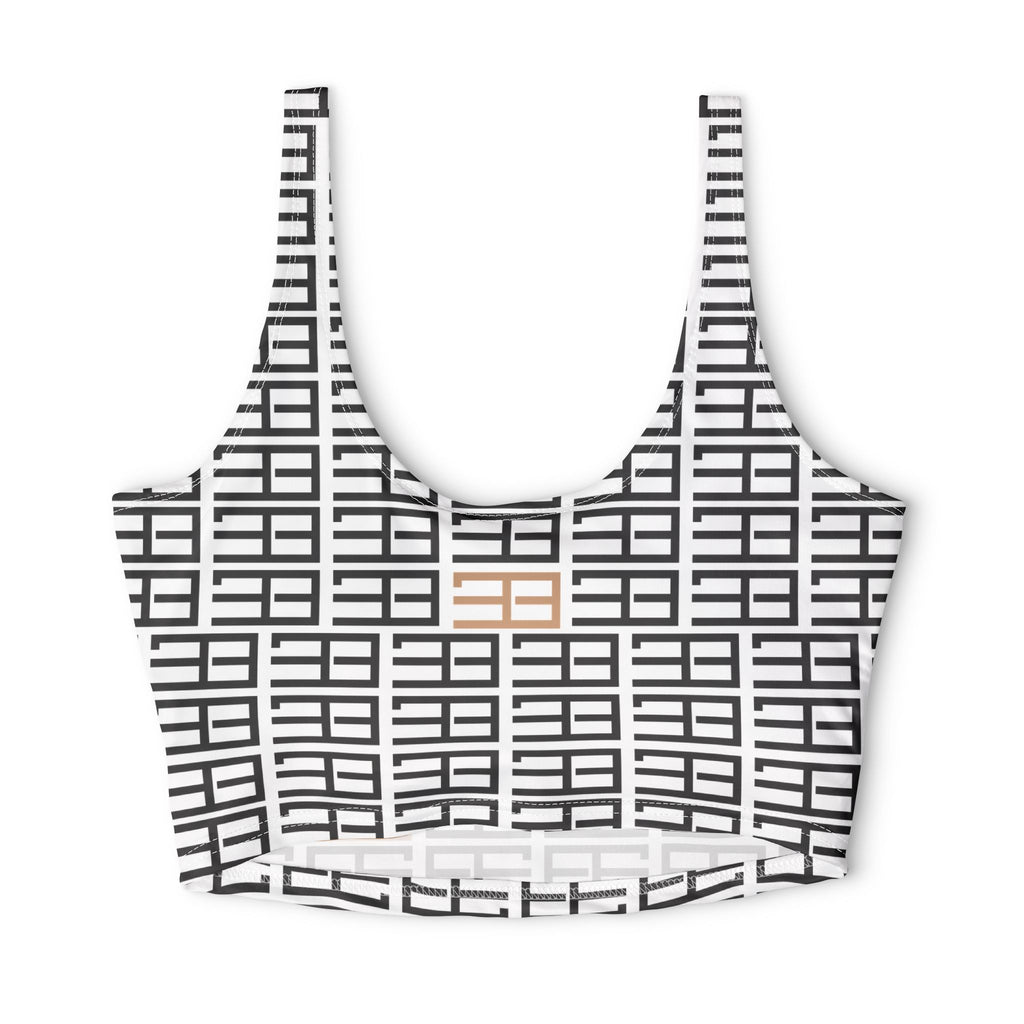 Black Neutral Grid Pattern Sports Bra — Minimal Beige Check Athletic Top