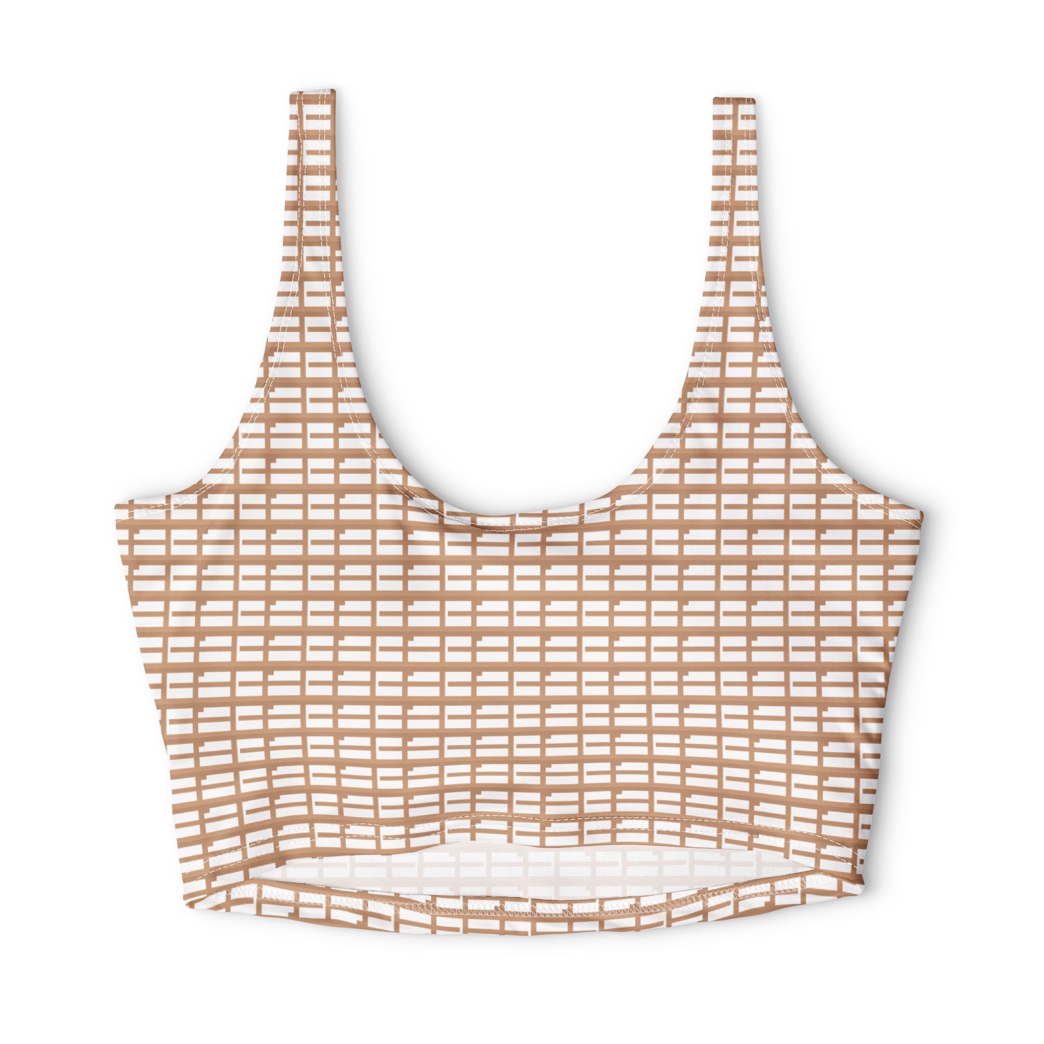 Neutral Grid Pattern Sports Bra — Minimal Beige Check Athletic Top