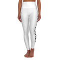 High-Waisted Yoga Leggings – Minimal White AOP with Side Script