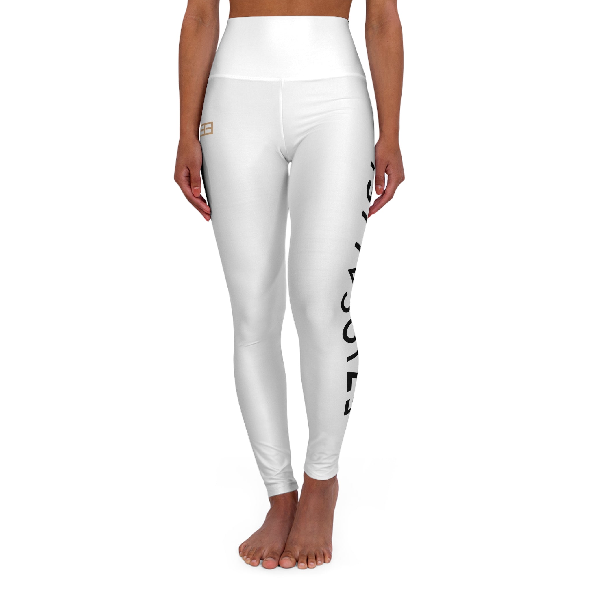 High-Waisted Yoga Leggings – Minimal White AOP with Side Script