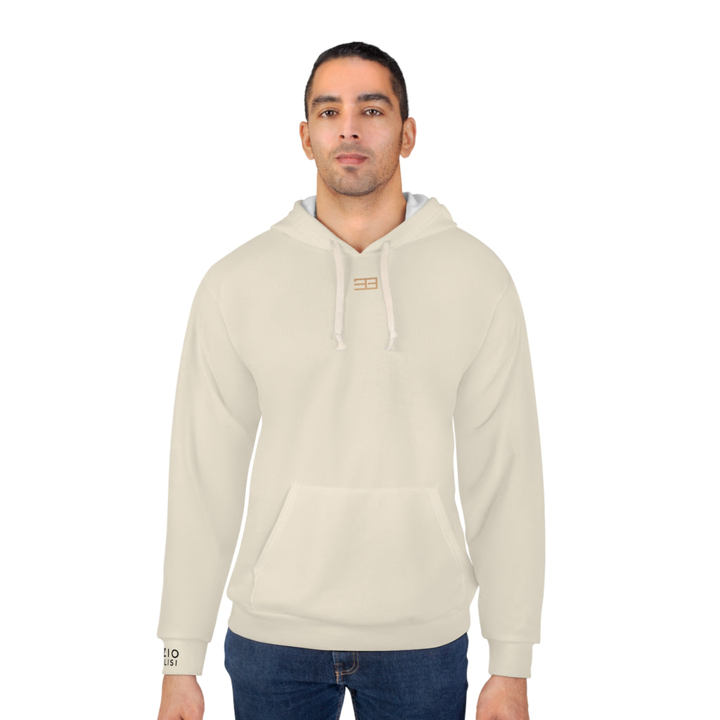 Minimal Logo Hoodie — Neutral Cream Pullover with Small Chest & Sleeve Branding
