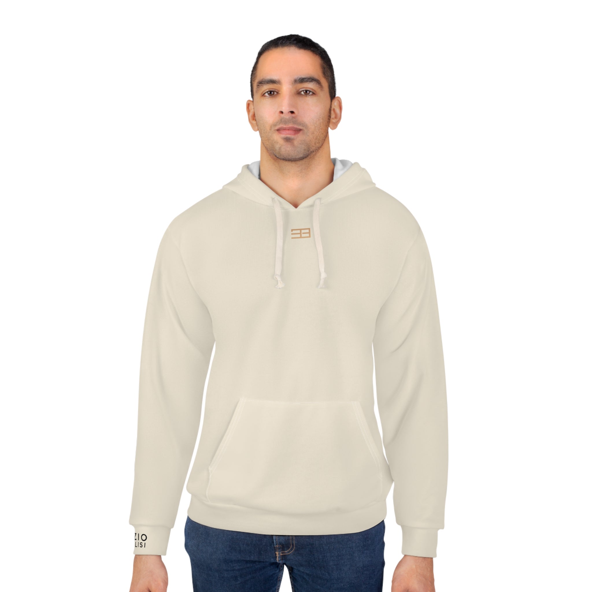 Minimal Logo Hoodie — Neutral Cream Pullover with Small Chest & Sleeve Branding