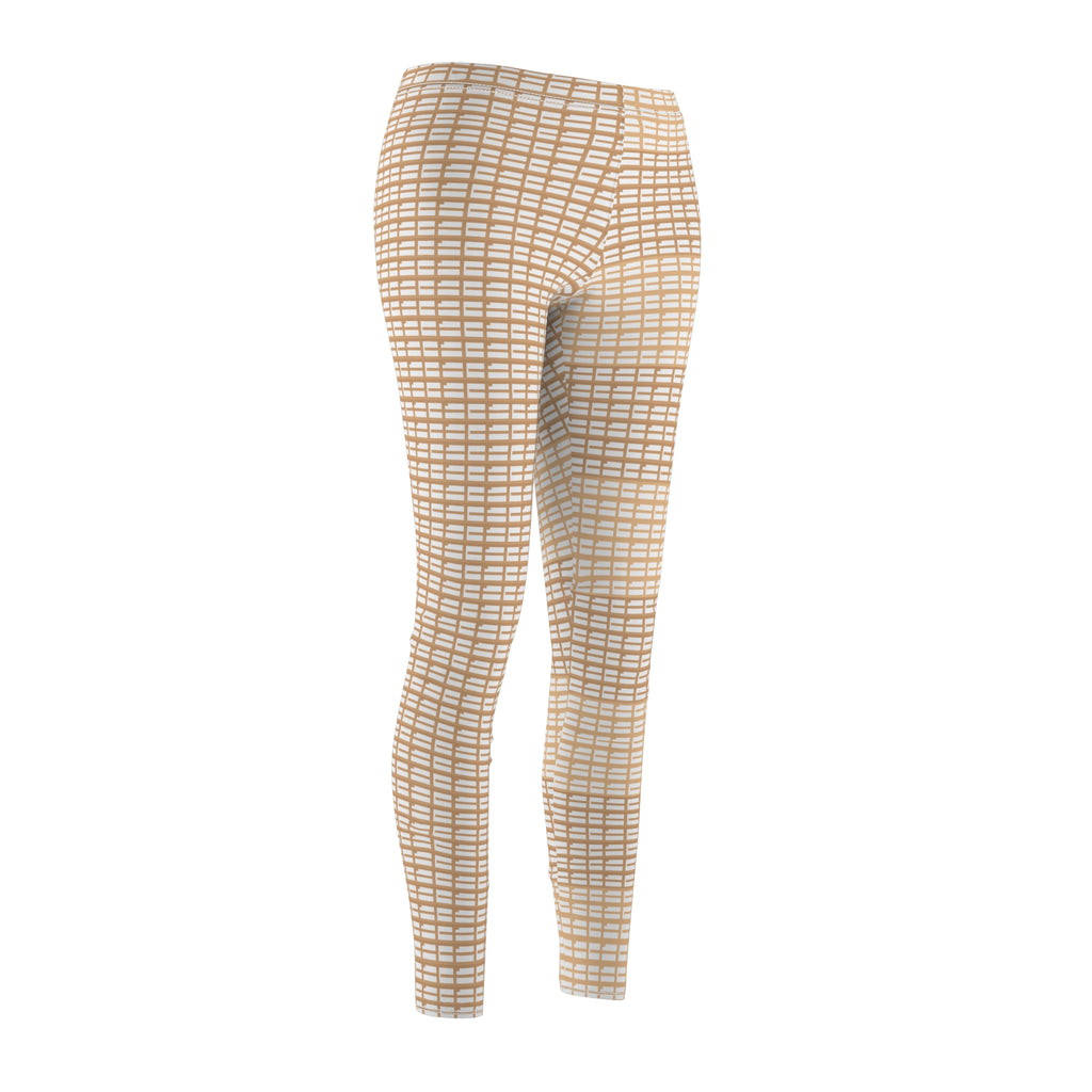 Beige Woven Plaid Women's Leggings — Casual All-Over Print
