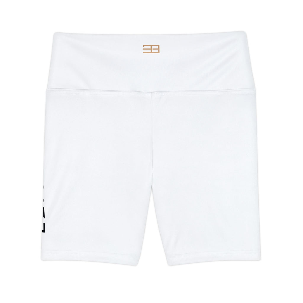 Women's Workout Shorts — White Biker Shorts with Side Typography