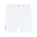 Women's Workout Shorts — White Biker Shorts with Side Typography