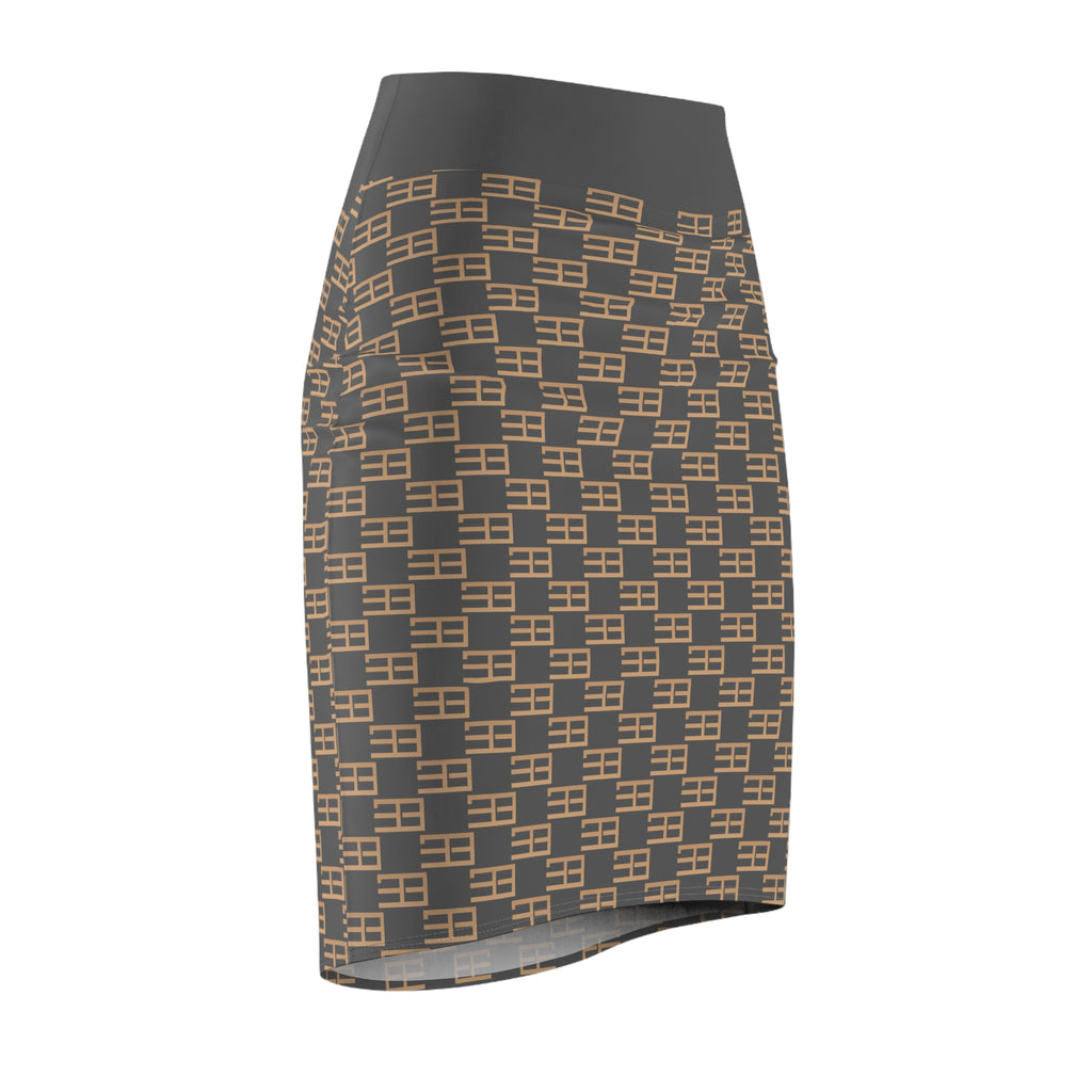 Geometric Checker Pencil Skirt — Neutral Tan & Charcoal All-Over Print