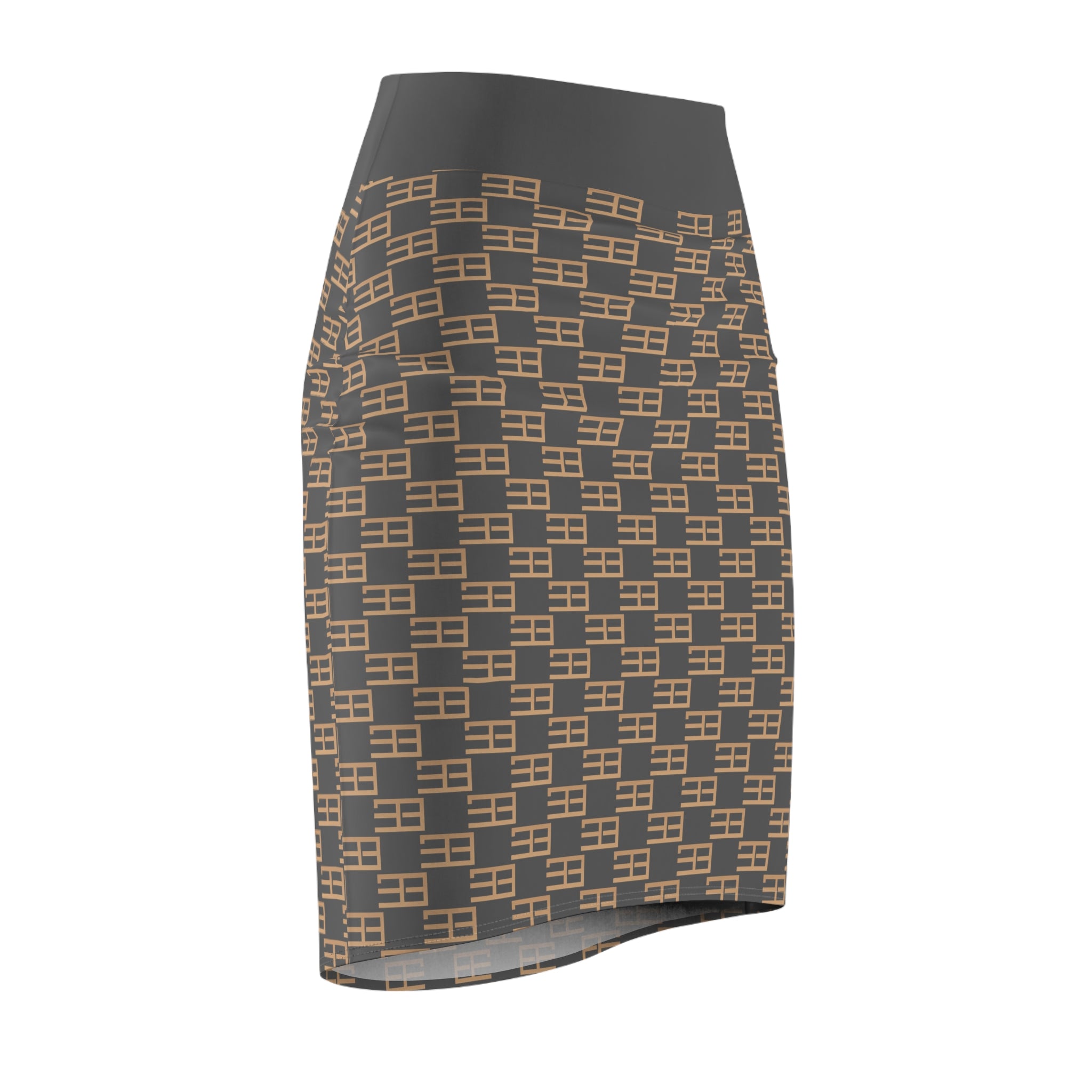 Geometric Checker Pencil Skirt — Neutral Tan & Charcoal All-Over Print