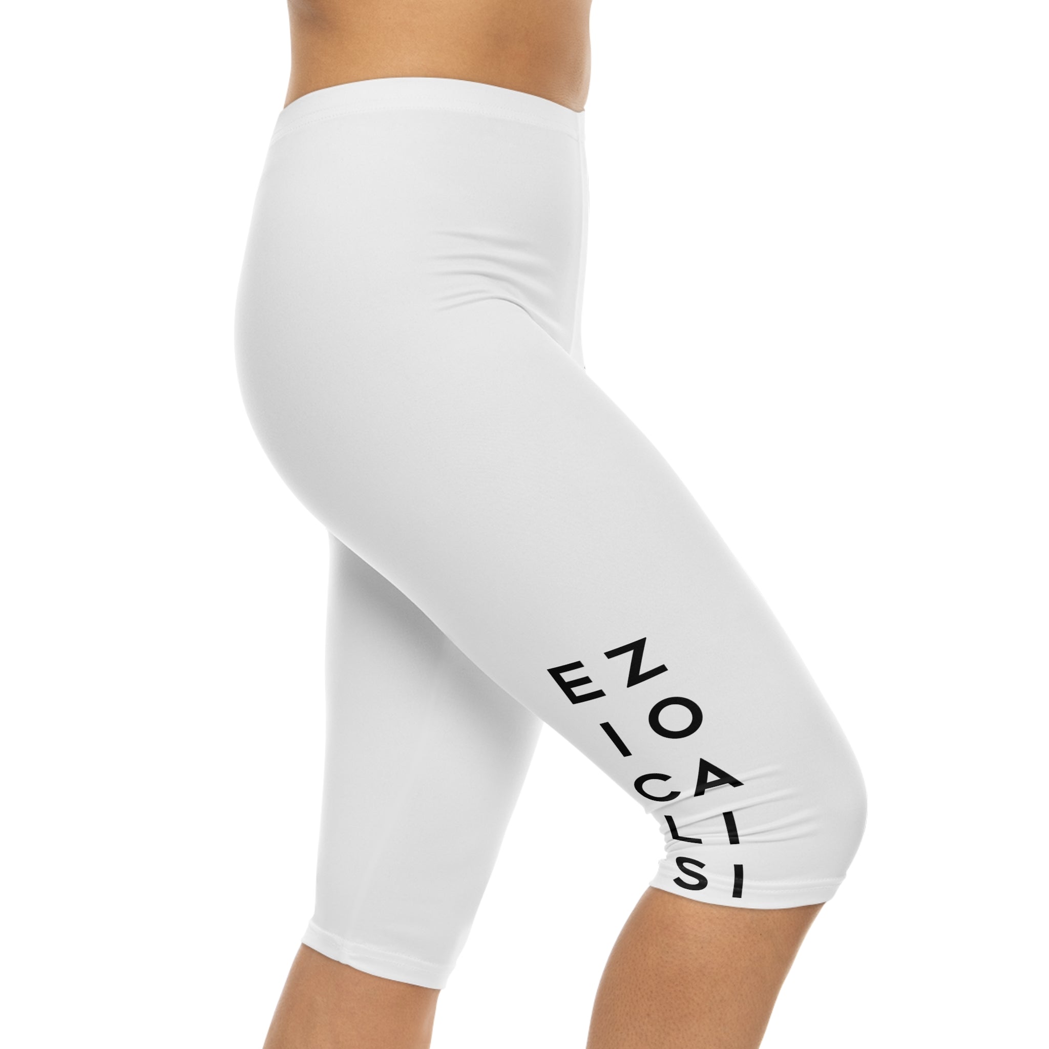 Capri Leggings — Minimal White AOP with Vertical Black Lettering