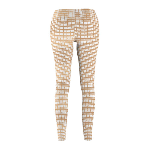 Beige Woven Plaid Women's Leggings — Casual All-Over Print