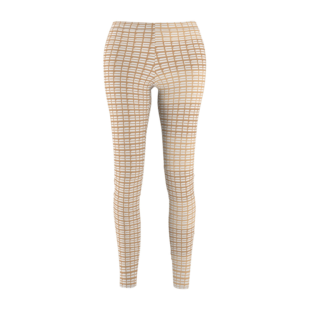 Beige Woven Plaid Women's Leggings — Casual All-Over Print