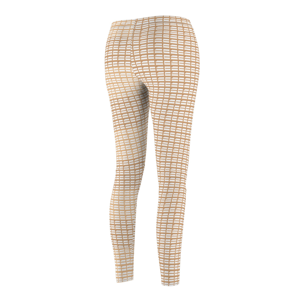 Beige Woven Plaid Women's Leggings — Casual All-Over Print