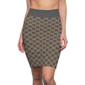 Geometric Checker Pencil Skirt — Neutral Tan & Charcoal All-Over Print