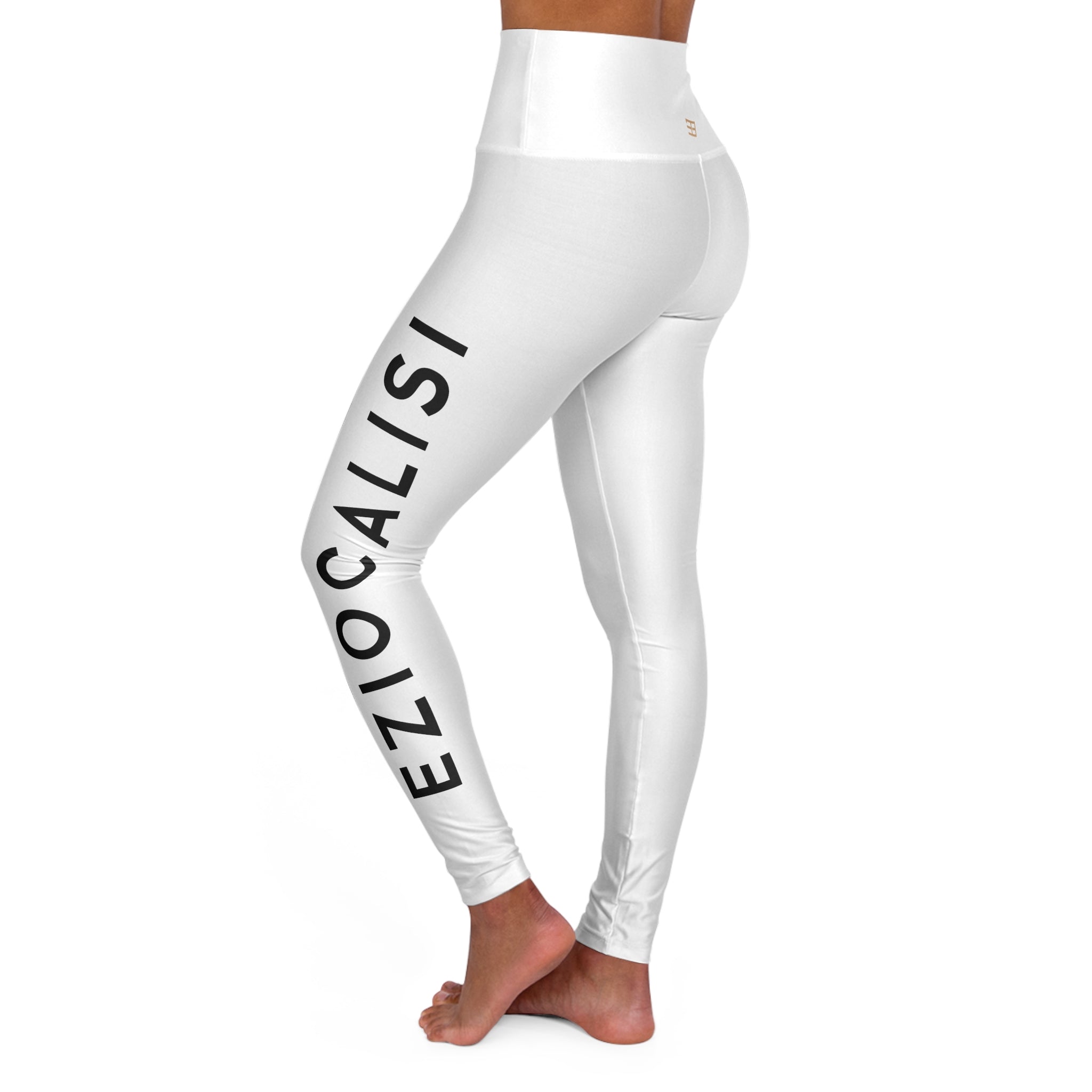 High-Waisted Yoga Leggings – Minimal White AOP with Side Script