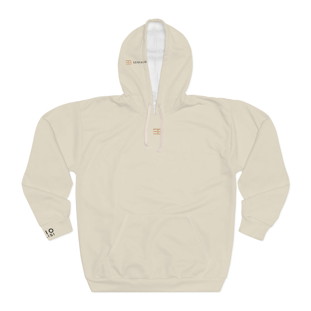 Minimal Logo Hoodie — Neutral Cream Pullover with Small Chest & Sleeve Branding
