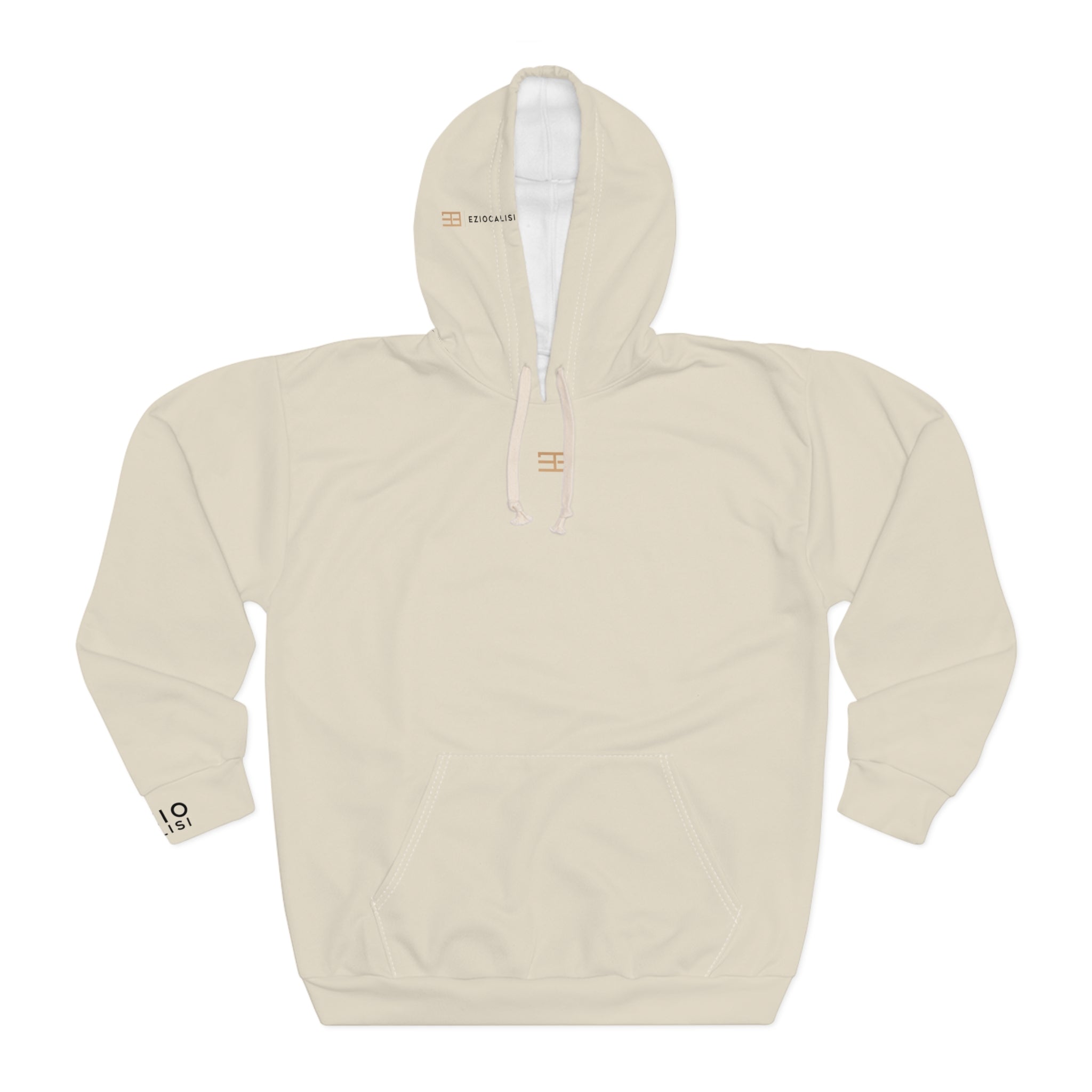 Minimal Logo Hoodie — Neutral Cream Pullover with Small Chest & Sleeve Branding