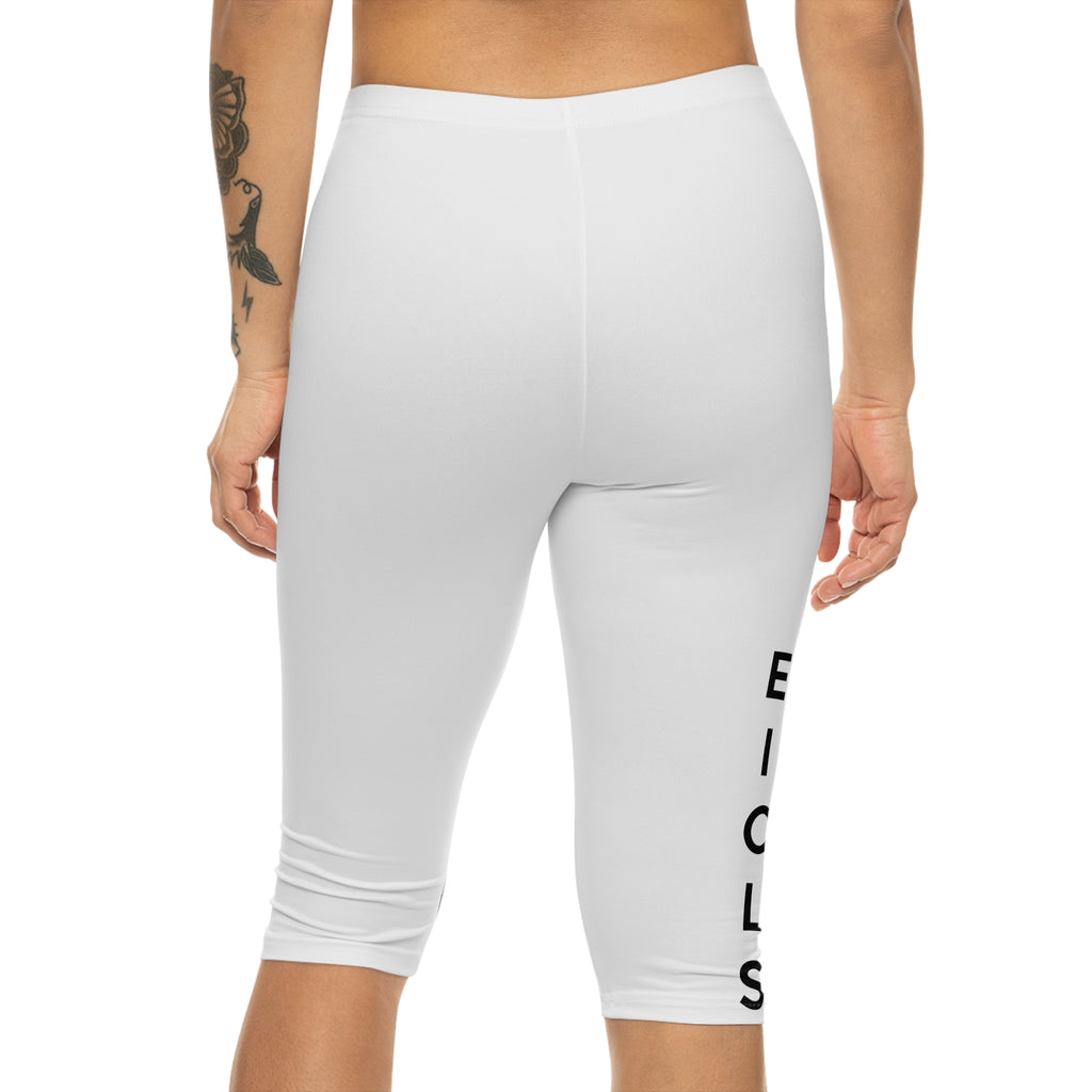 Capri Leggings — Minimal White AOP with Vertical Black Lettering
