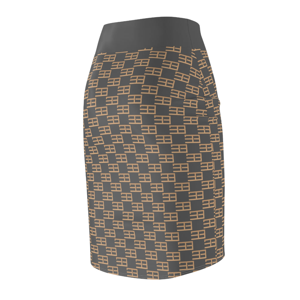 Geometric Checker Pencil Skirt — Neutral Tan & Charcoal All-Over Print