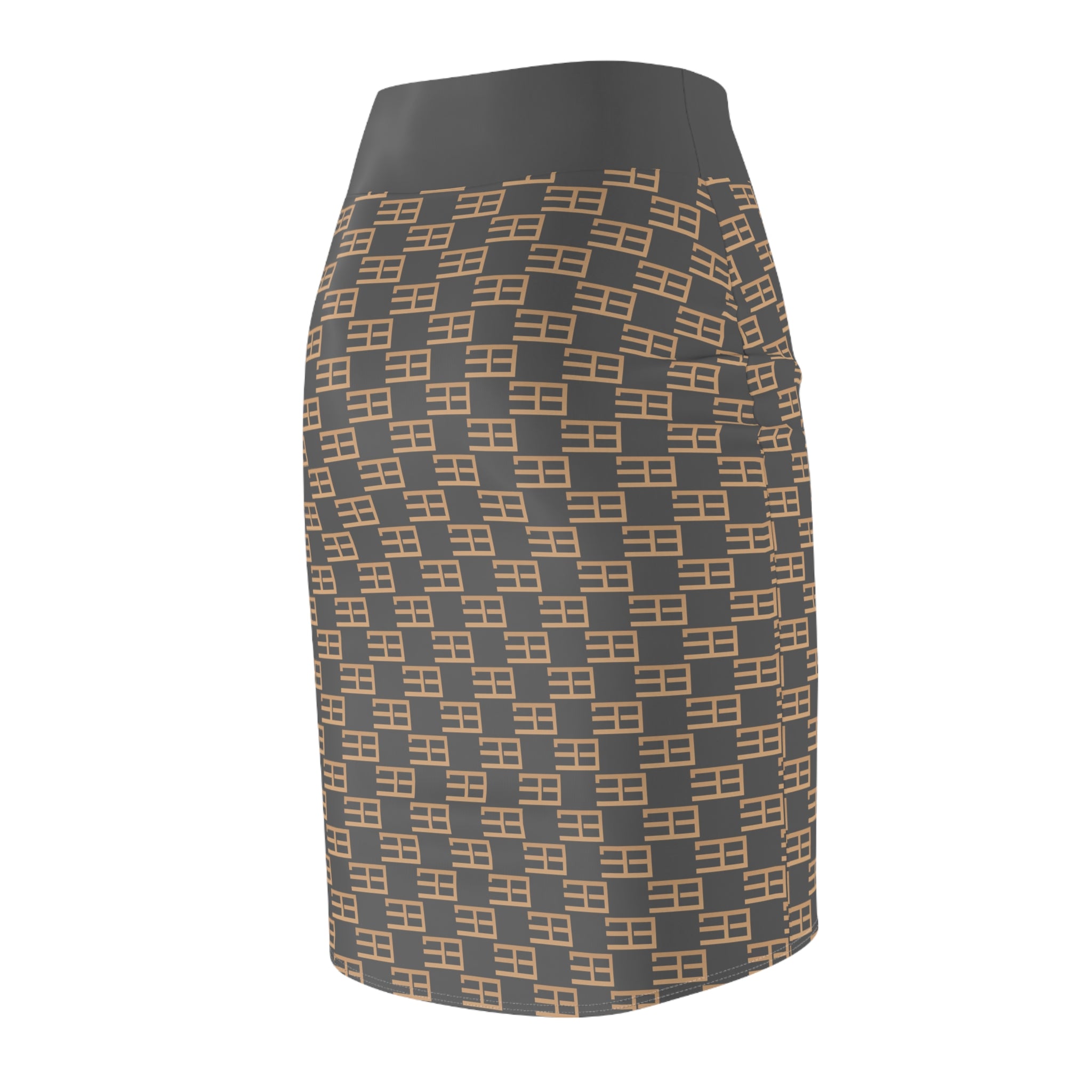 Geometric Checker Pencil Skirt — Neutral Tan & Charcoal All-Over Print